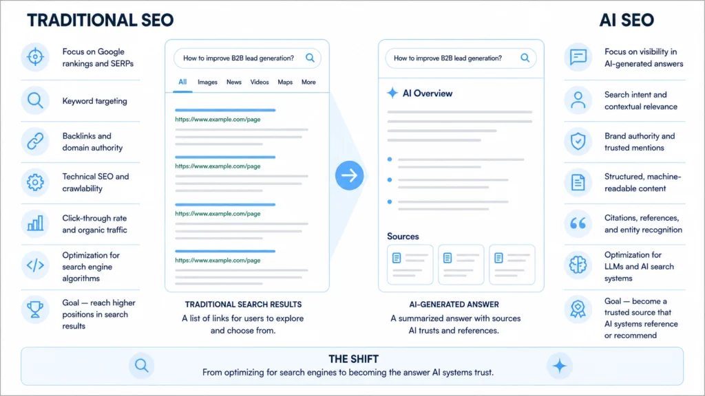 Traditional SEO vs AI SEO infographic comparing Google rankings and AI-generated search visibility